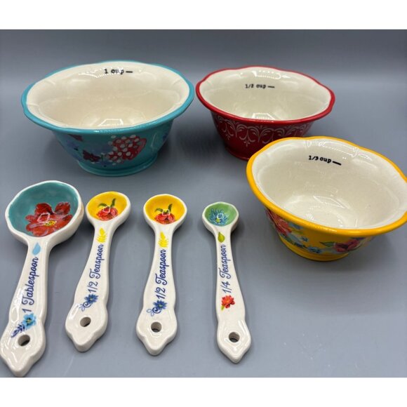 The Pioneer Woman Ceramic Measuring‎ Cups Spoons Set Floral Design - Picture 1 of 6